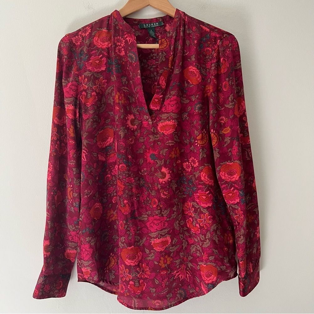 Lauren Ralph Lauren Silky Blouse Floral Size Small Maroon Pink Autumn Fall
